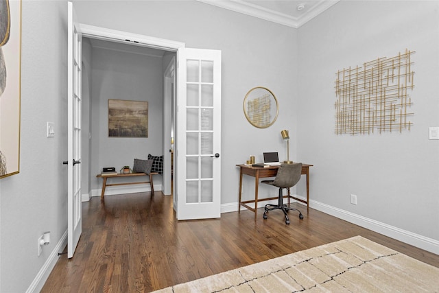 7 Woodglade Way, Tomball, TX 77375 - office area featuring french doors, ornamental molding, wood finished floors, and baseboards