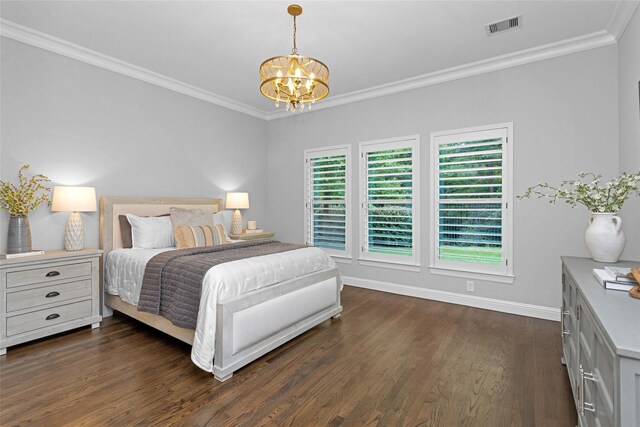 7 Woodglade Way, Tomball, TX 77375 - bedroom featuring a chandelier, multiple windows, baseboards, crown molding, and dark wood-style floors