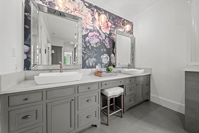 23323 Two Harbors Glen St, Katy, TX 77494 - bathroom with ornamental molding, double vanity, and baseboards