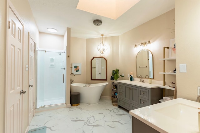 5343 Appleblossom Ln, Friendswood, TX 77546 - full bathroom featuring a shower stall, two vanities, a soaking tub, marble look tile flooring, and a skylight