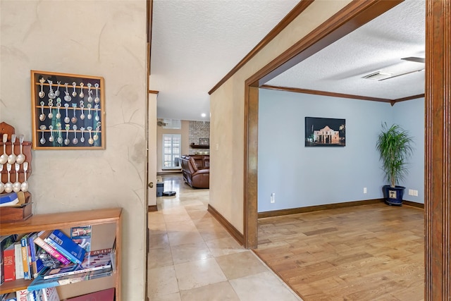 20131 Magnolia Bend Dr, Humble, TX 77346 - corridor with a textured ceiling and ornamental molding
