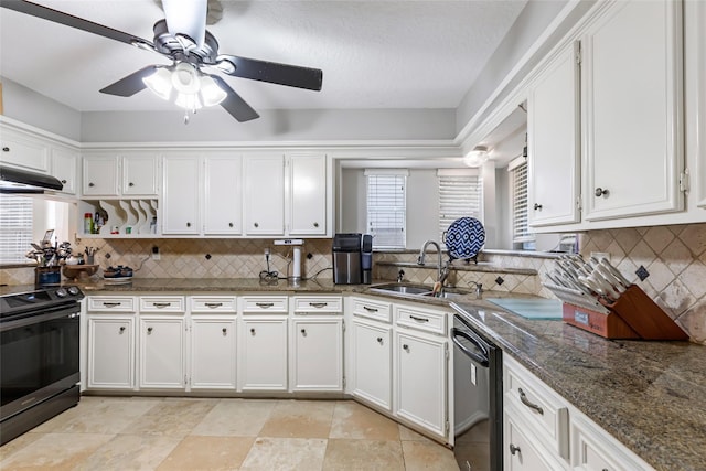20131 Magnolia Bend Dr, Humble, TX 77346 - kitchen with electric stove, black dishwasher, a sink, white cabinets, and backsplash