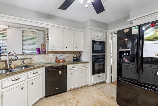 20131 Magnolia Bend Dr, Humble, TX 77346 - kitchen featuring black appliances, a sink, backsplash, and ceiling fan