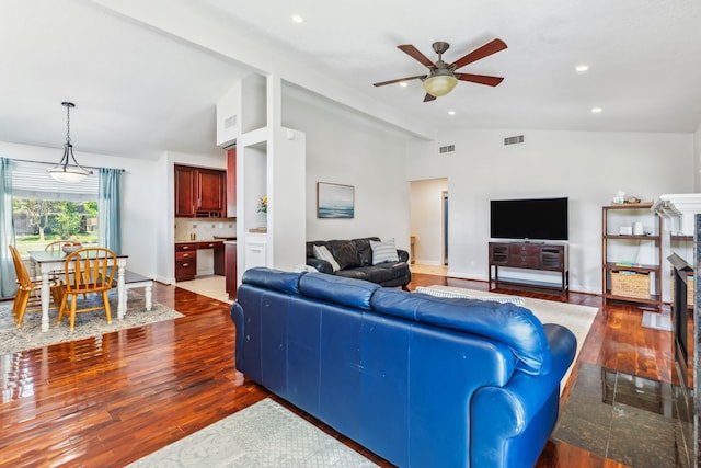 9123 Kapri Ln, Houston, TX 77025 - living area with ceiling fan, dark wood-style flooring, and recessed lighting