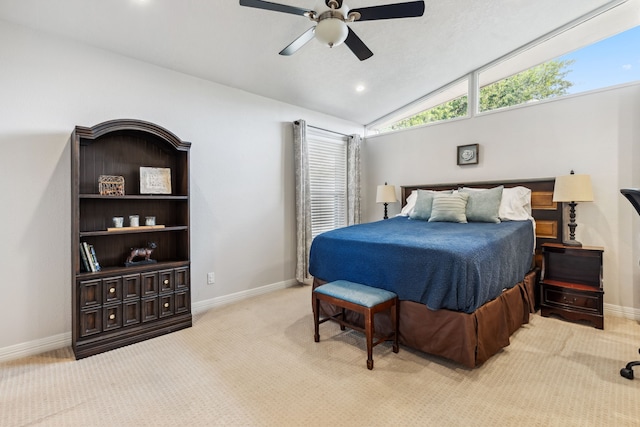 9123 Kapri Ln, Houston, TX 77025 - carpeted bedroom with baseboards, vaulted ceiling, and ceiling fan