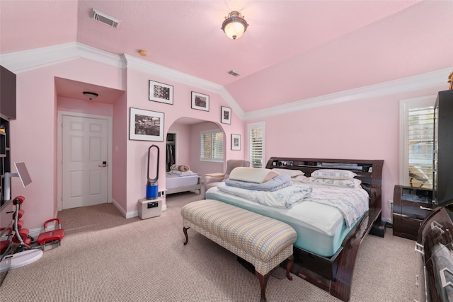 20107 Black Canyon Dr, Katy, TX 77450 - carpeted bedroom featuring lofted ceiling, multiple windows, arched walkways, crown molding, and baseboards