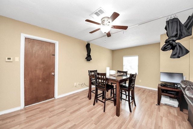 5423 Lillian St, Baytown, TX 77521 - dining area featuring light wood-style floors, a ceiling fan, and baseboards