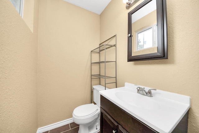5423 Lillian St, Baytown, TX 77521 - half bathroom with toilet, vanity, tile patterned flooring, baseboards, and a textured wall
