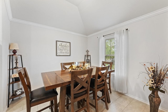 12915 Taper Reach Dr, Tomball, TX 77377 - dining area featuring lofted ceiling, light tile patterned flooring, and ornamental molding