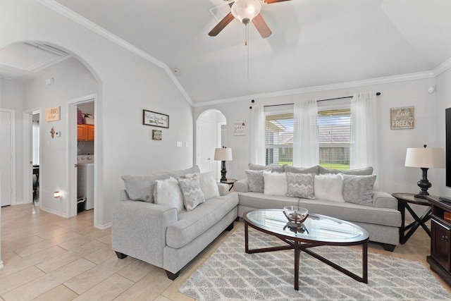 12915 Taper Reach Dr, Tomball, TX 77377 - living area featuring arched walkways, a ceiling fan, vaulted ceiling, and crown molding