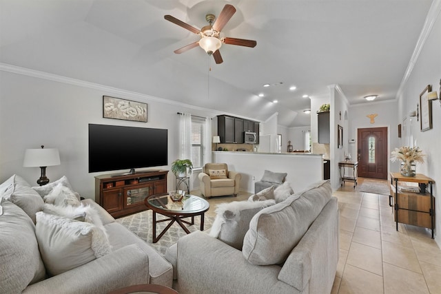 12915 Taper Reach Dr, Tomball, TX 77377 - living area featuring ceiling fan, lofted ceiling, ornamental molding, and light tile patterned floors