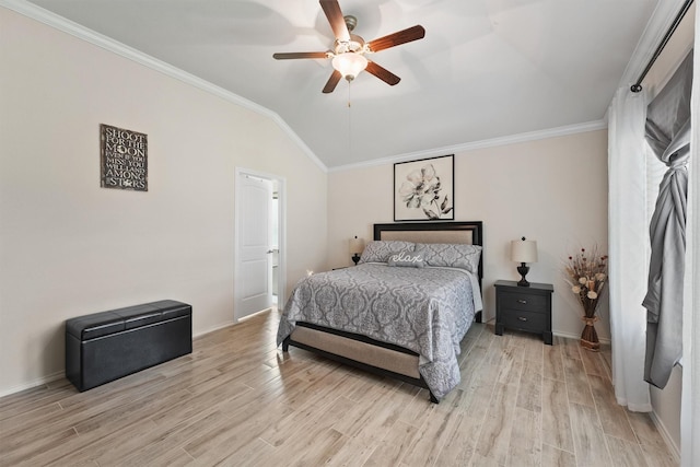 12915 Taper Reach Dr, Tomball, TX 77377 - bedroom with lofted ceiling, light wood-style flooring, crown molding, and ceiling fan