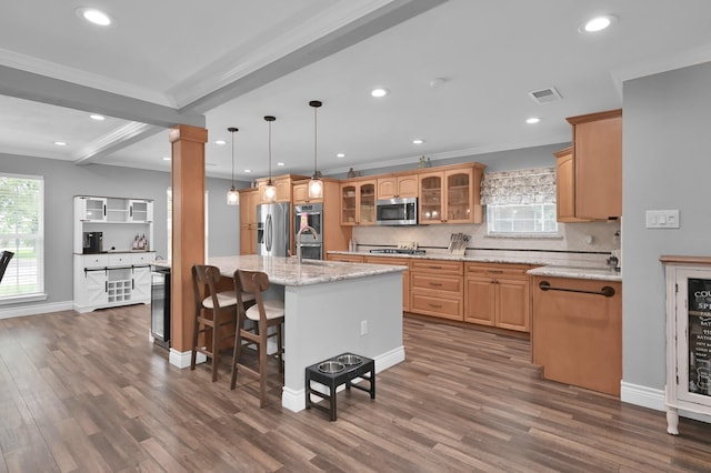 833 Stone Mountain Dr, Conroe, TX 77302 - kitchen with stainless steel appliances, dark wood-style floors, decorative backsplash, recessed lighting, and glass insert cabinets