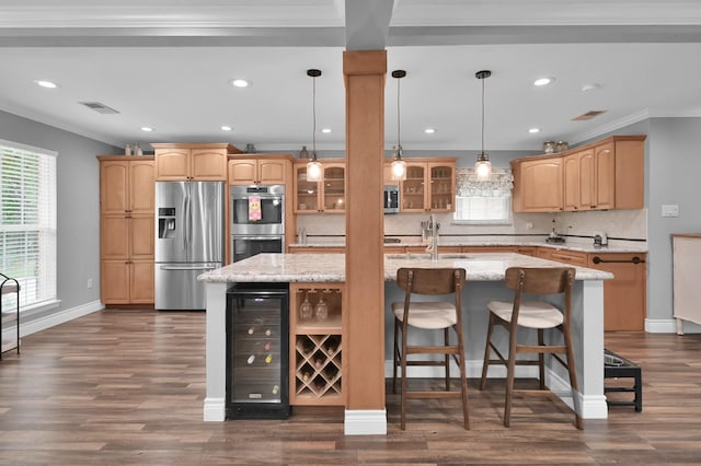 833 Stone Mountain Dr, Conroe, TX 77302 - kitchen featuring stainless steel appliances, beverage cooler, crown molding, a sink, and glass insert cabinets