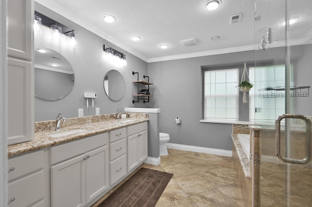 833 Stone Mountain Dr, Conroe, TX 77302 - bathroom with crown molding, double vanity, toilet, a stall shower, and a garden tub