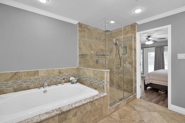 833 Stone Mountain Dr, Conroe, TX 77302 - full bath with a bath, crown molding, a shower stall, recessed lighting, and ensuite bath