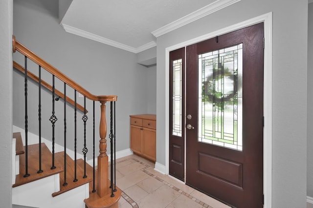 833 Stone Mountain Dr, Conroe, TX 77302 - entrance foyer featuring plenty of natural light, stairway, baseboards, light tile patterned floors, and crown molding