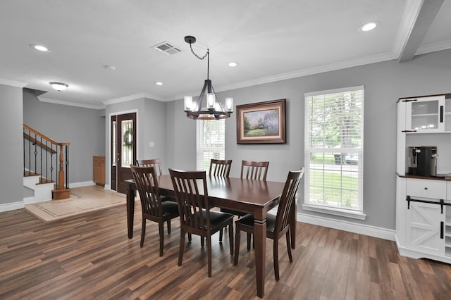 833 Stone Mountain Dr, Conroe, TX 77302 - dining area featuring dark wood-style flooring, plenty of natural light, stairs, recessed lighting, and a chandelier