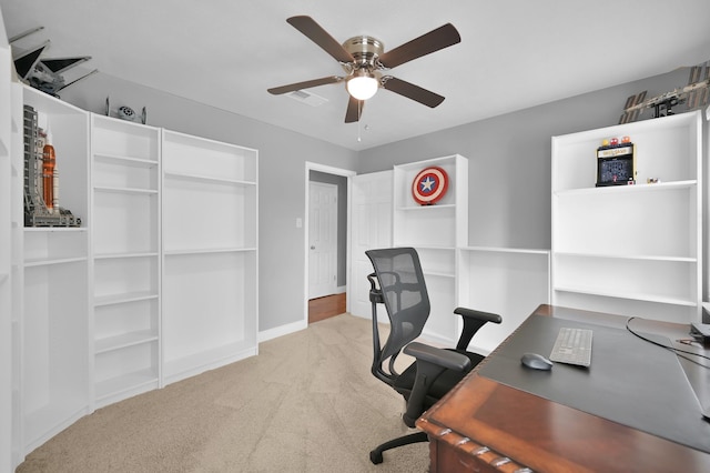 833 Stone Mountain Dr, Conroe, TX 77302 - office featuring a ceiling fan, carpet, and baseboards