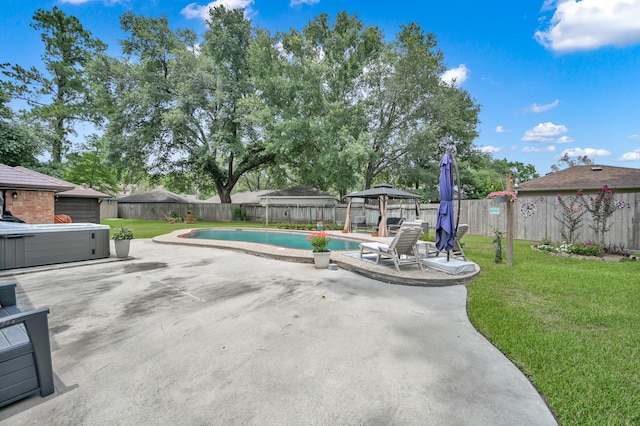 833 Stone Mountain Dr, Conroe, TX 77302 - view of pool featuring a gazebo, a hot tub, and a patio