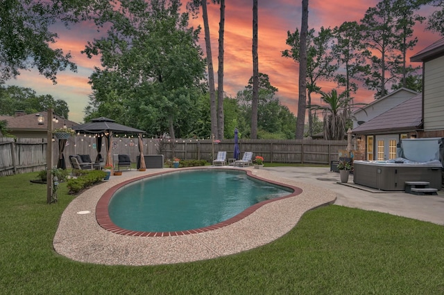833 Stone Mountain Dr, Conroe, TX 77302 - view of swimming pool featuring a patio, a hot tub, and a gazebo