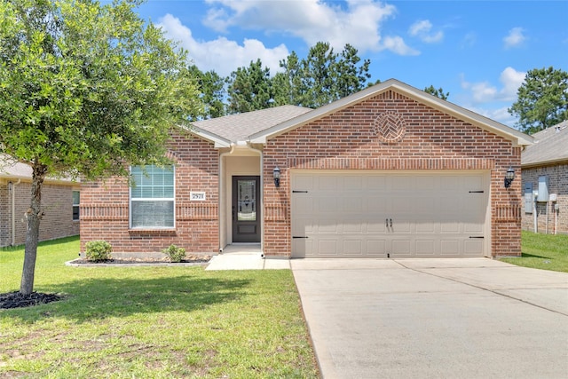 7571 Fettle Ln, Conroe, TX 77304 - ranch-style house featuring brick siding, concrete driveway, a garage, and a front yard
