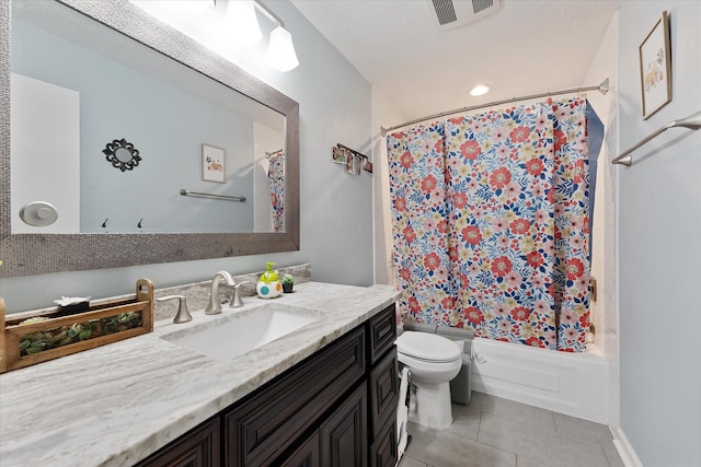 30307 Thorsby Dr, Spring, TX 77386 - bathroom featuring vanity, tile patterned flooring, toilet, and shower / bath combination with curtain