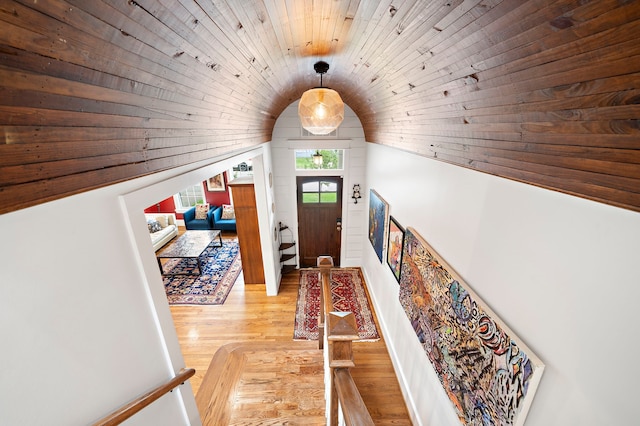 2019 Crockett St, Houston, TX 77007 - foyer entrance featuring wooden ceiling, vaulted ceiling, and wood finished floors