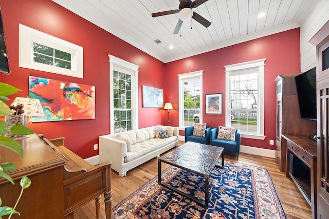 2019 Crockett St, Houston, TX 77007 - living area featuring ceiling fan, crown molding, light wood-style flooring, wood ceiling, and recessed lighting