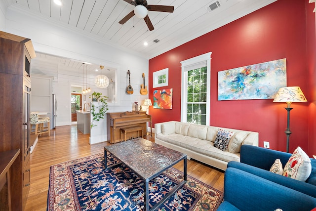 2019 Crockett St, Houston, TX 77007 - living room with ceiling fan, light wood-style flooring, healthy amount of natural light, wooden ceiling, and ornamental molding