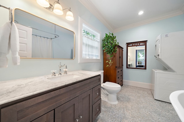 2019 Crockett St, Houston, TX 77007 - bathroom with vanity, healthy amount of natural light, ornamental molding, toilet, and baseboards