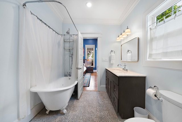 2019 Crockett St, Houston, TX 77007 - bathroom with vanity, toilet, baseboards, crown molding, and shower / bathtub combination with curtain