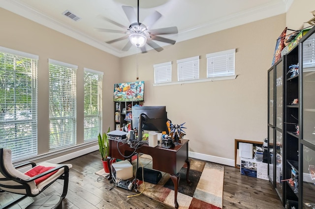 7203 Prairie Grass Ln, Katy, TX 77493 - office with ornamental molding, ceiling fan, hardwood / wood-style flooring, and baseboards