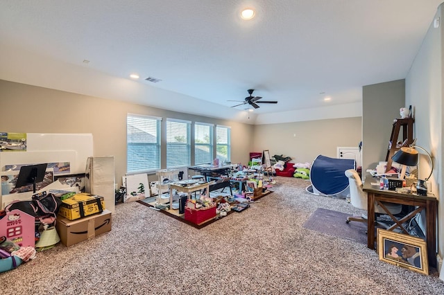 7203 Prairie Grass Ln, Katy, TX 77493 - recreation room with carpet floors, a ceiling fan, and recessed lighting