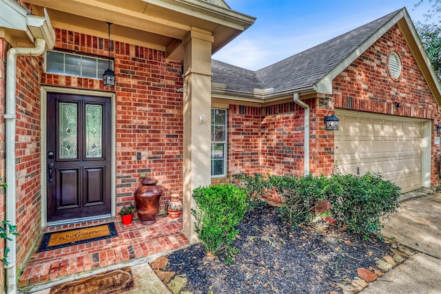 7523 Chathan Glen Ln, Richmond, TX 77407 - view of exterior entry featuring brick siding, a shingled roof, an attached garage, and driveway