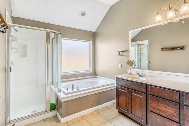7523 Chathan Glen Ln, Richmond, TX 77407 - bathroom featuring a stall shower, lofted ceiling, tile patterned flooring, vanity, and a garden tub