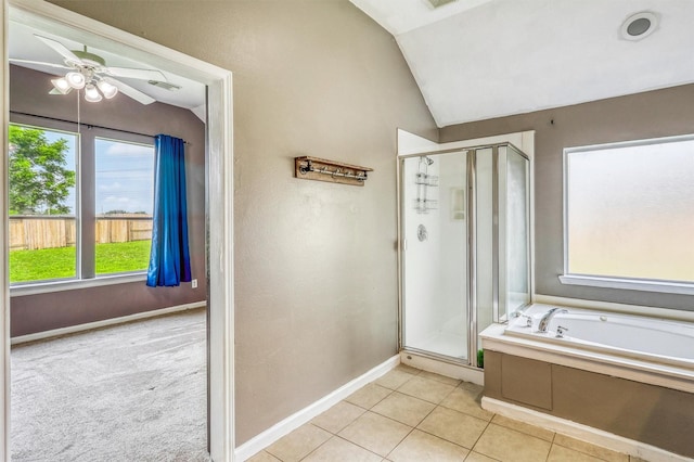 7523 Chathan Glen Ln, Richmond, TX 77407 - bathroom featuring a stall shower, lofted ceiling, a garden tub, tile patterned floors, and a ceiling fan