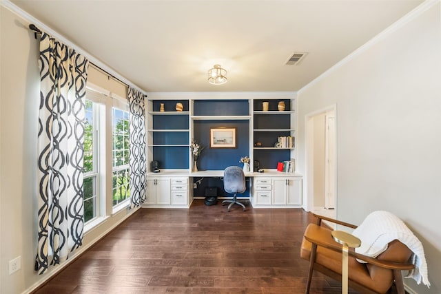 1406 Kallie Hills Ln, Spring, TX 77386 - office space featuring built in desk, crown molding, and dark wood-style flooring