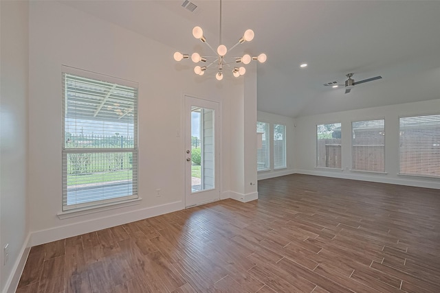 4046 Dell Ln, Missouri City, TX 77459 - unfurnished room featuring wood finished floors, vaulted ceiling, a chandelier, and ceiling fan