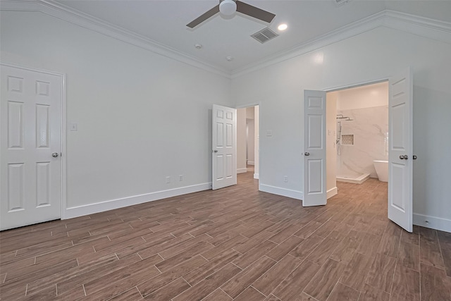 4046 Dell Ln, Missouri City, TX 77459 - unfurnished bedroom featuring crown molding, dark wood finished floors, and a ceiling fan