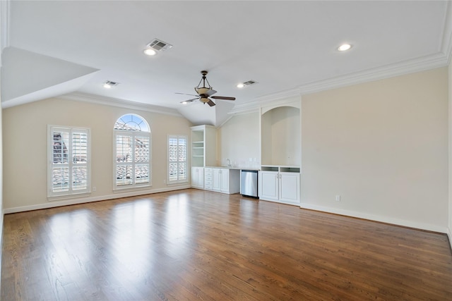 5507 Val Verde St, Houston, TX 77056 - unfurnished living room featuring crown molding, ceiling fan, lofted ceiling, wood finished floors, and recessed lighting