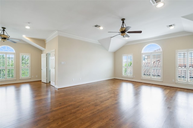 5507 Val Verde St, Houston, TX 77056 - empty room featuring a ceiling fan, wood finished floors, crown molding, vaulted ceiling, and recessed lighting