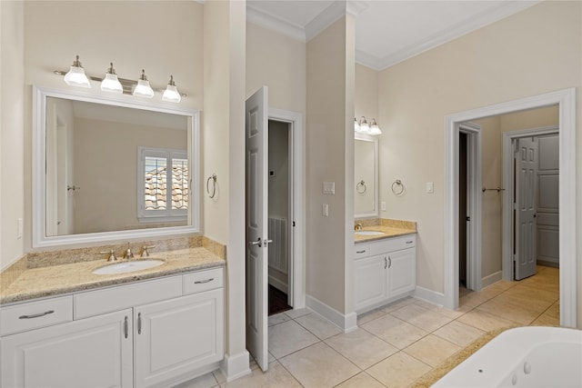 5507 Val Verde St, Houston, TX 77056 - bathroom featuring two vanities, crown molding, tile patterned floors, and a tub with jets