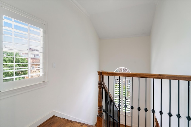 5507 Val Verde St, Houston, TX 77056 - stairs featuring wood finished floors, lofted ceiling, and crown molding