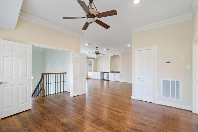 5507 Val Verde St, Houston, TX 77056 - spare room featuring ceiling fan, ornamental molding, wood finished floors, arched walkways, and recessed lighting