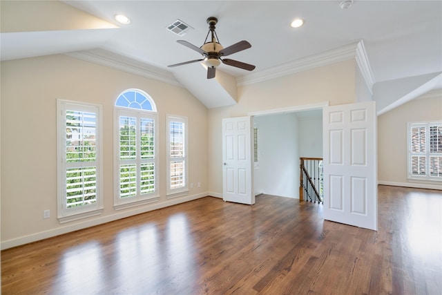 5507 Val Verde St, Houston, TX 77056 - spare room with crown molding, wood finished floors, vaulted ceiling, a ceiling fan, and recessed lighting