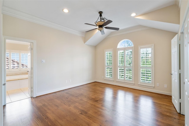 5507 Val Verde St, Houston, TX 77056 - unfurnished room with healthy amount of natural light, ceiling fan, wood finished floors, crown molding, and lofted ceiling