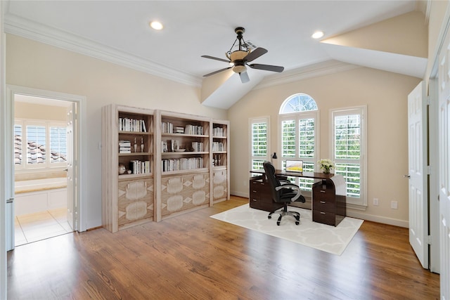 5507 Val Verde St, Houston, TX 77056 - office area featuring ceiling fan, vaulted ceiling, wood finished floors, ornamental molding, and recessed lighting