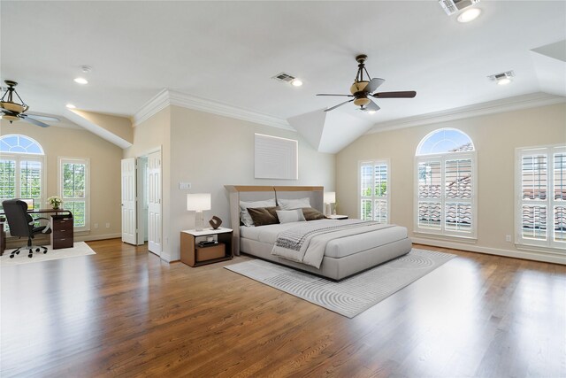 5507 Val Verde St, Houston, TX 77056 - bedroom featuring multiple windows, wood finished floors, ornamental molding, a desk, and lofted ceiling