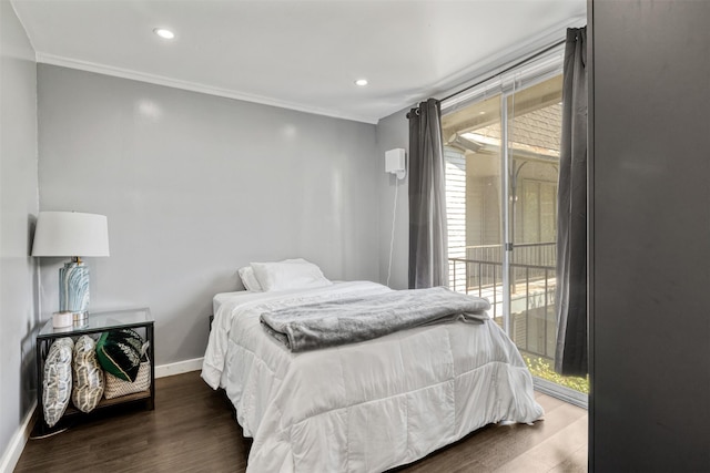 3300 Yorktown St Unit 24, Houston, TX 77056 - bedroom with wood finished floors, baseboards, access to outside, crown molding, and recessed lighting